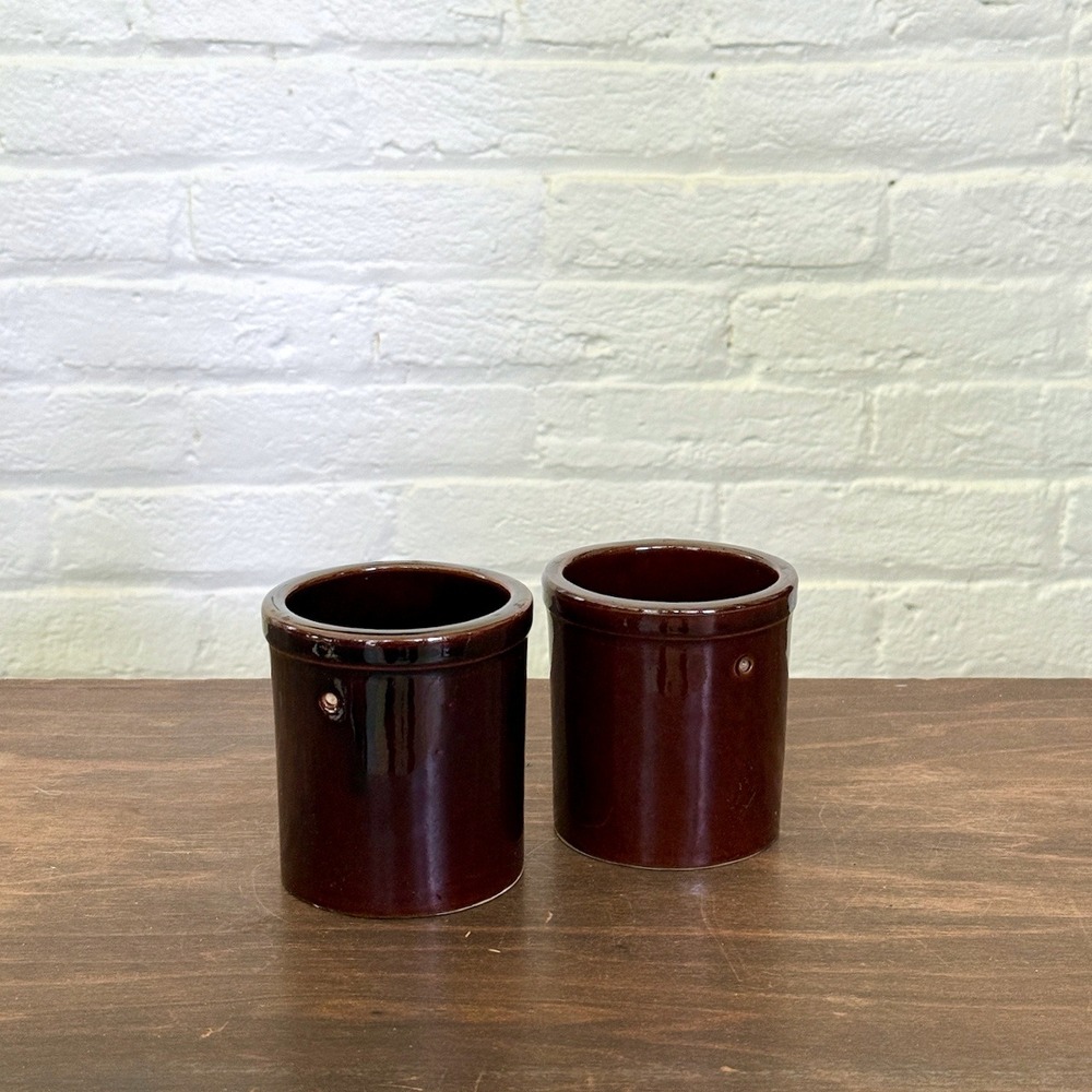 Vintage Brown Glazed Stoneware Crocks Set of 2 Primitive Pottery Jars - Picture 1 of 6